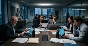 The Real Cost of a Data Breach for Small and Medium Businesses in 2026 - SDAD Technology - SDAD Technology Five professionals in a glass-walled conference room review charts and documents around a wooden table with laptops and reports present.